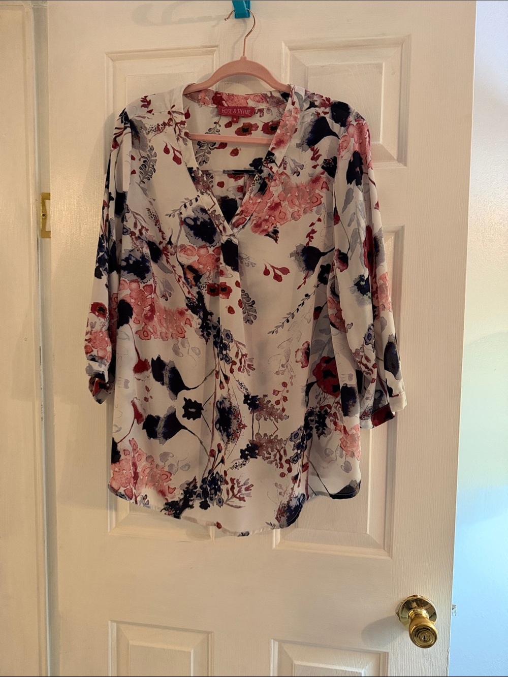 Floral V-Neck Roll-Tab Blouse in White with Pink & Navy